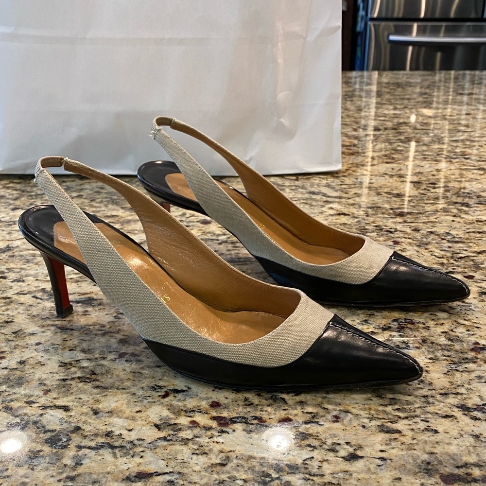 Christian Louboutin Tan and Black Slingback Heels, 37.5 Sophisticated!!! - Picture 2 of 13